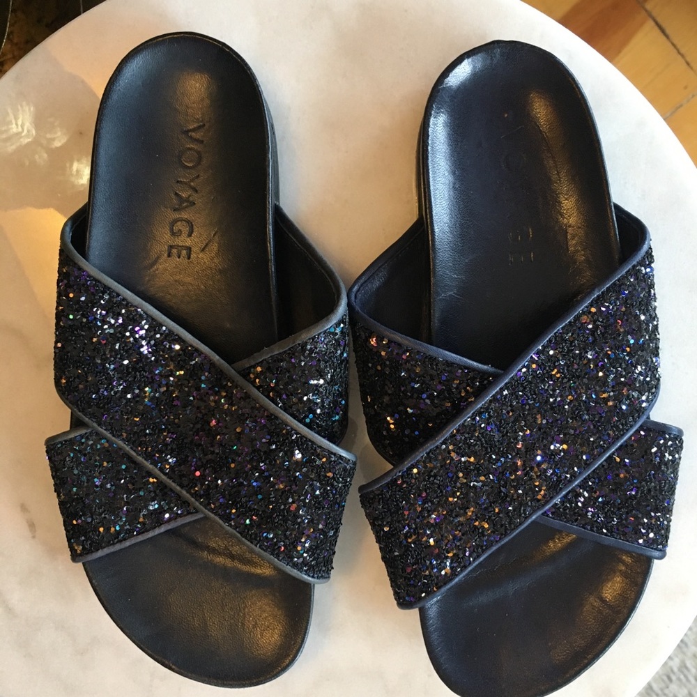 VOYAGE Navy Sequined Crisscross Slides